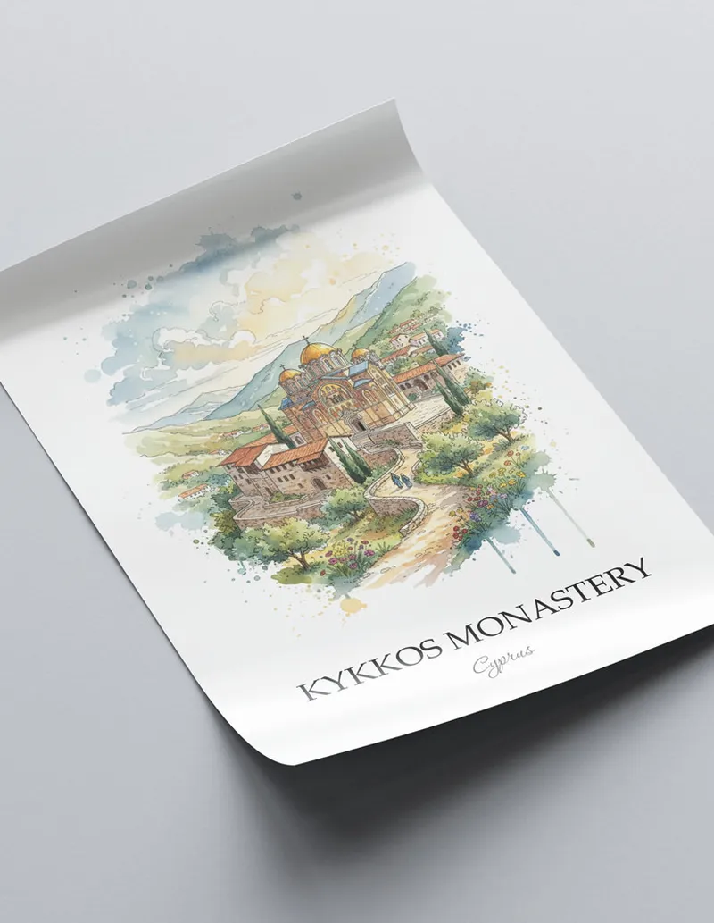 Framed wall art featuring Kykkos Monastery in Cyprus in a light wood frame leaning on the floor.