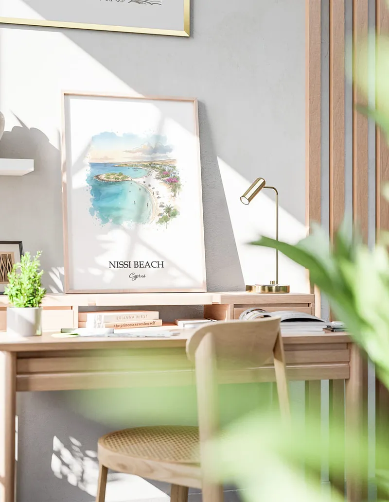 A clean and modern mockup showing a framed Nissi Beach, Cyprus print on a minimalist background.