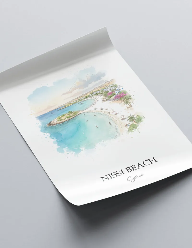 Framed wall art featuring Nissi Beach in Cyprus in a light wood frame leaning on the floor.