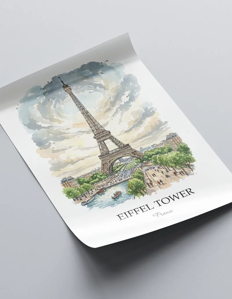 A close-up of a high-quality paper print featuring the Eiffel Tower in France minimalist design.