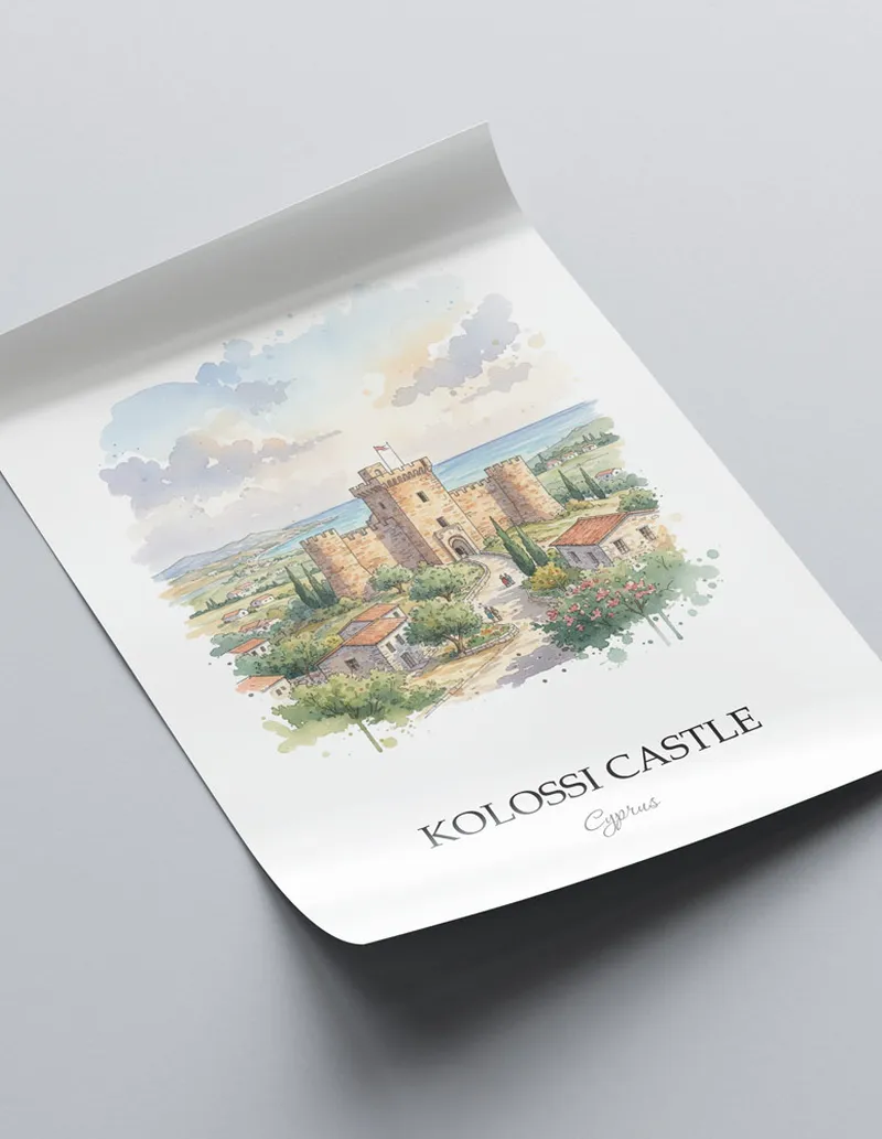 Framed wall art featuring Kolossi Castle in Cyprus in a light wood frame leaning on the floor.