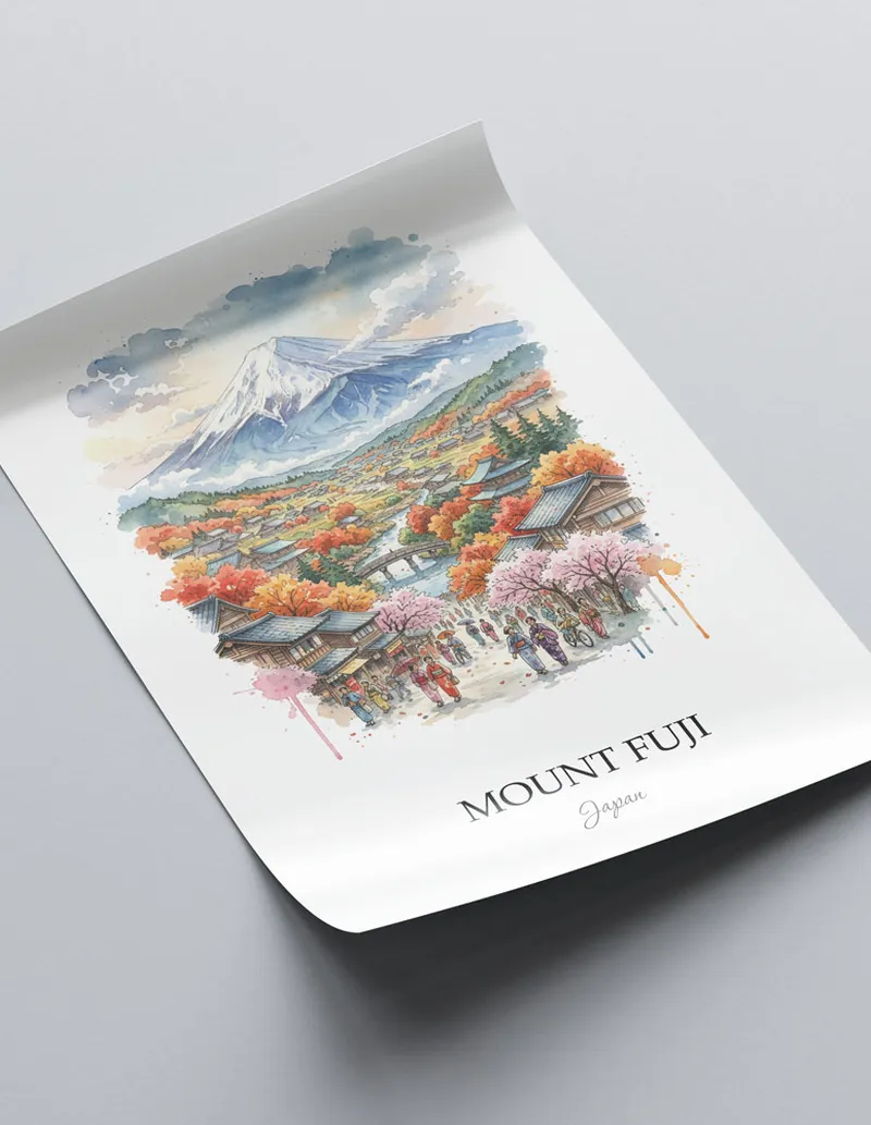Framed wall art featuring Mount Fuji in Japan in a light wood frame leaning on the floor.