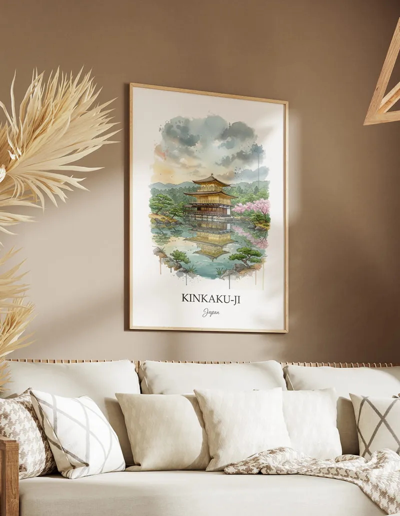 A gorgeous boho-inspired living space with a framed vintage travel poster of Kinkaku-ji in Japan on display.