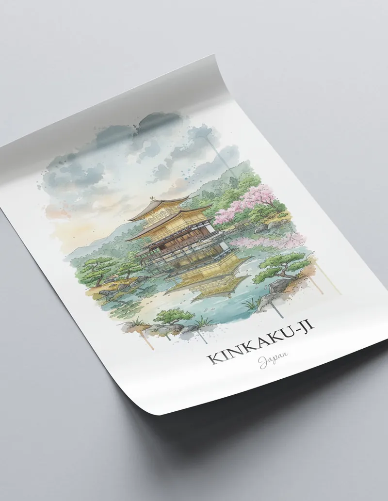 Framed wall art featuring Kinkaku-ji in Japan in a light wood frame leaning on the floor.
