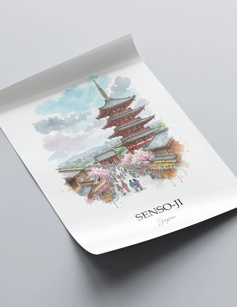 Framed wall art featuring Senso-ji in Japan in a light wood frame leaning on the floor.