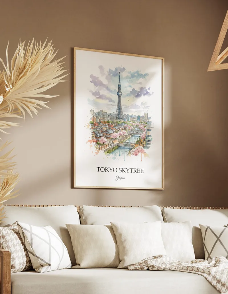 A gorgeous boho-inspired living space with a framed vintage travel poster of Tokyo Skytree in Japan on display.