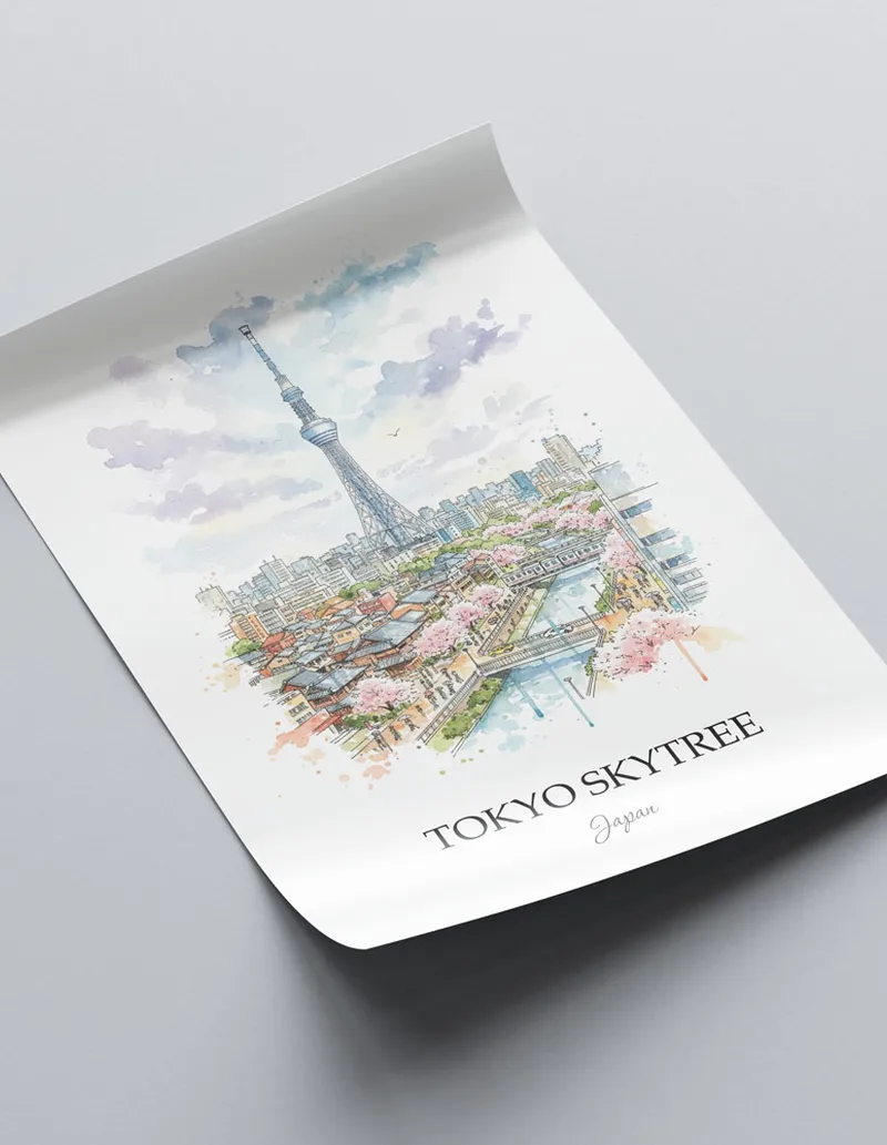 Framed wall art featuring Tokyo Skytree in Japan in a light wood frame leaning on the floor.
