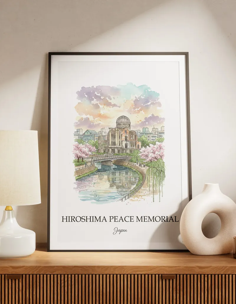 Minimalist poster of Hiroshima Peace Memorial in Japan in a light frame standing on the floor in a dark moody interior.