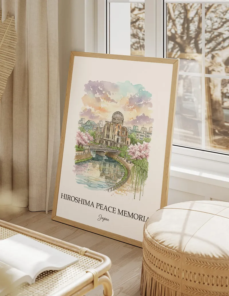 A lovely interior preview showcasing a vintage-vibe travel poster design of the scenic Hiroshima Peace Memorial in Japan.