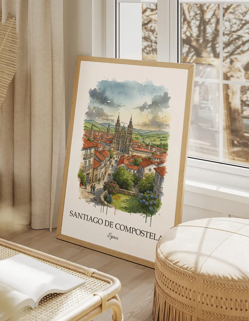 Minimalist poster of Santiago de Compostela in Spain in a light frame standing by a window in a boho style room.