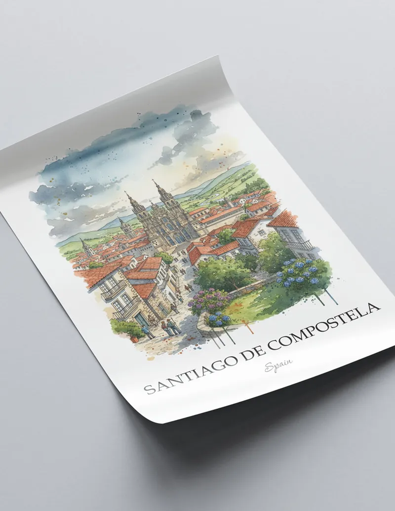 A close-up of a high-quality paper print featuring the Santiago de Compostela in Spain minimalist design.