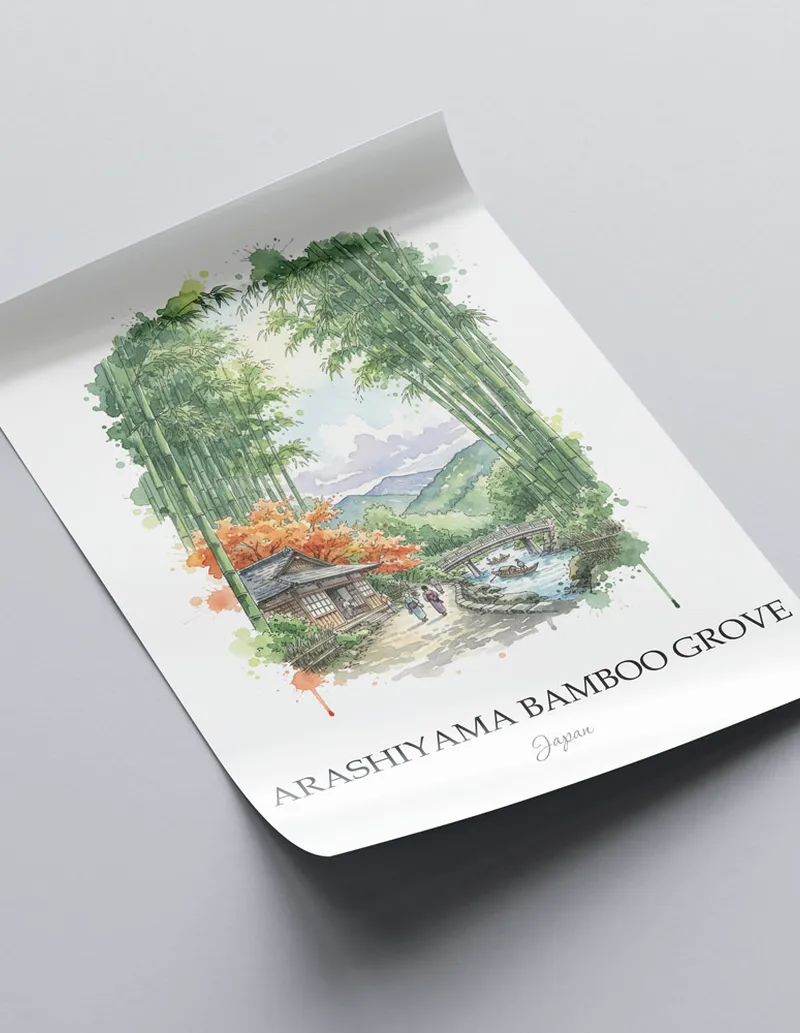 A clean and modern mockup showing a framed Arashiyama Bamboo Grove, Japan print on a minimalist background.