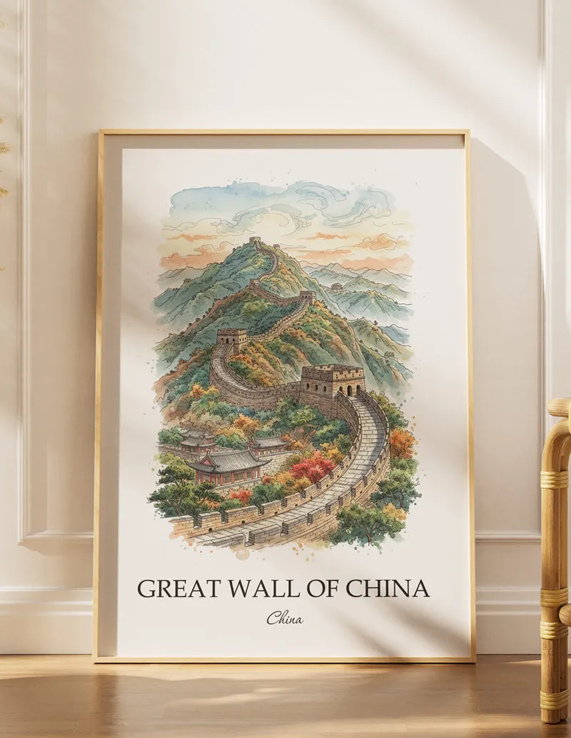 A close-up of a high-quality paper print featuring the Great Wall of China in China minimalist design.