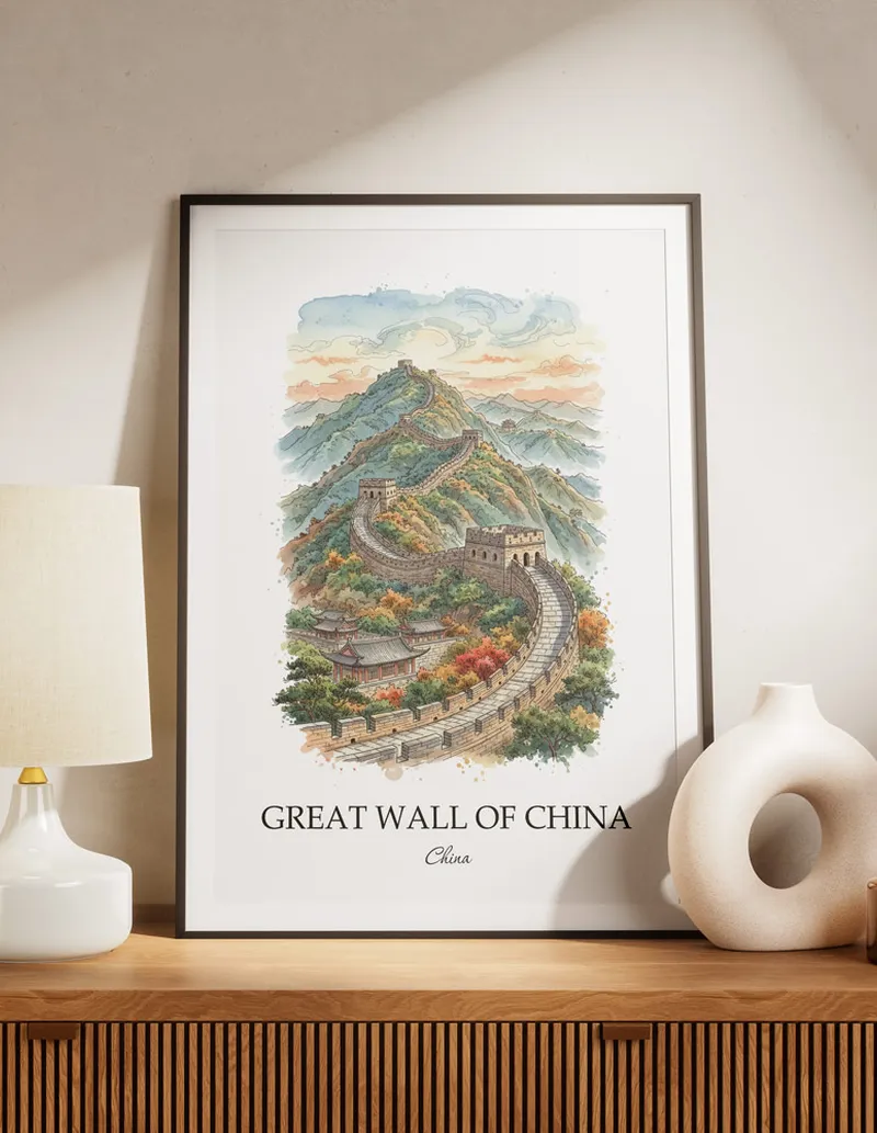 Minimalist poster of Great Wall of China in China in a light frame standing on the floor in a dark moody interior.