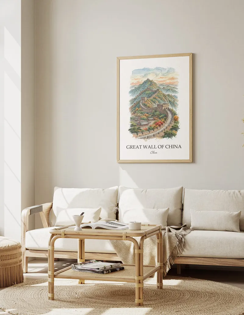 Minimalist poster of Great Wall of China in China in a light frame standing by a window in a boho style room.
