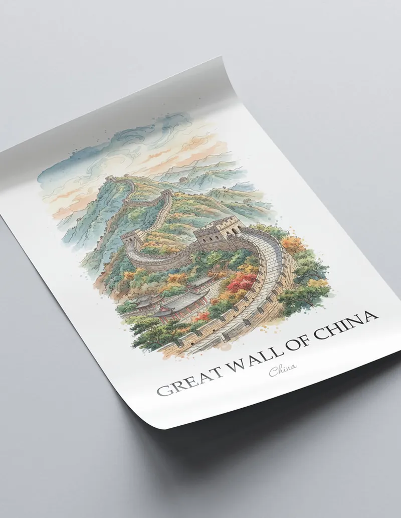 A clean and modern mockup showing a framed Great Wall of China, China print on a minimalist background.