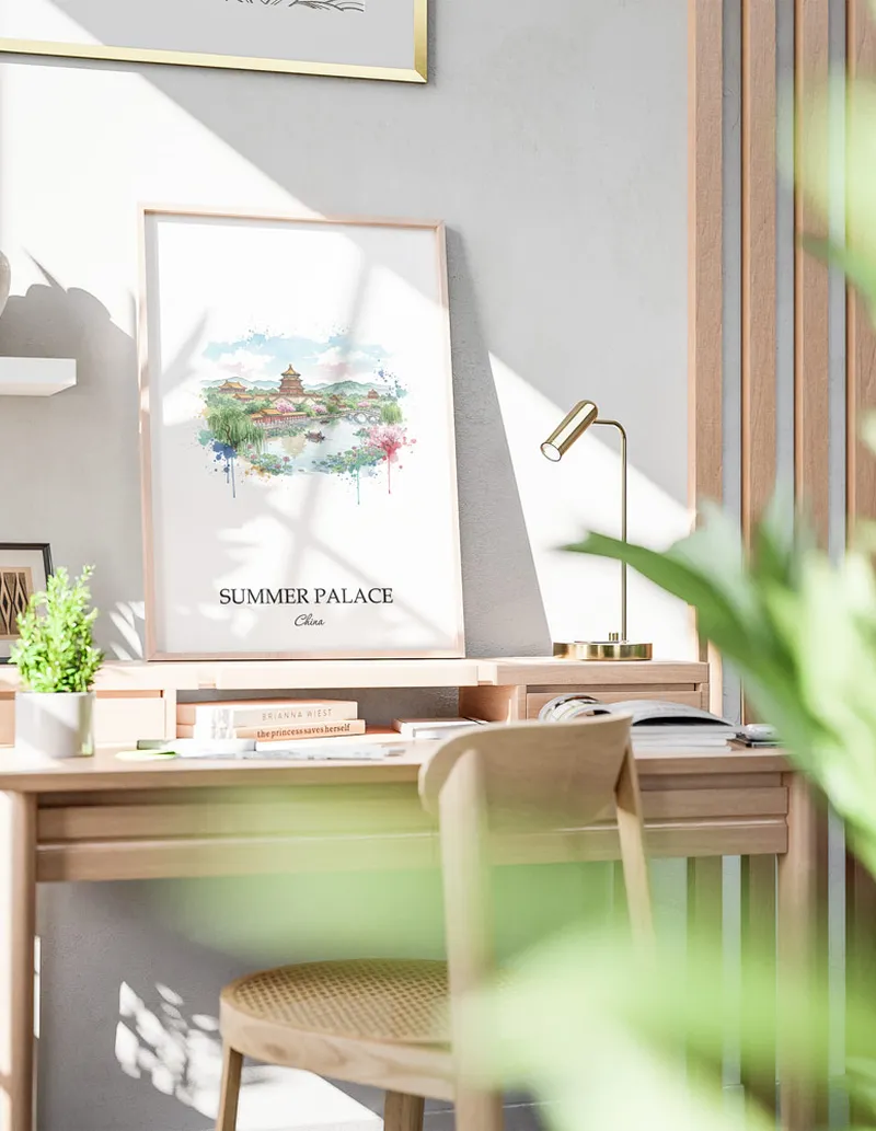 A gorgeous boho-inspired living space with a framed vintage travel poster of Summer Palace in China on display.