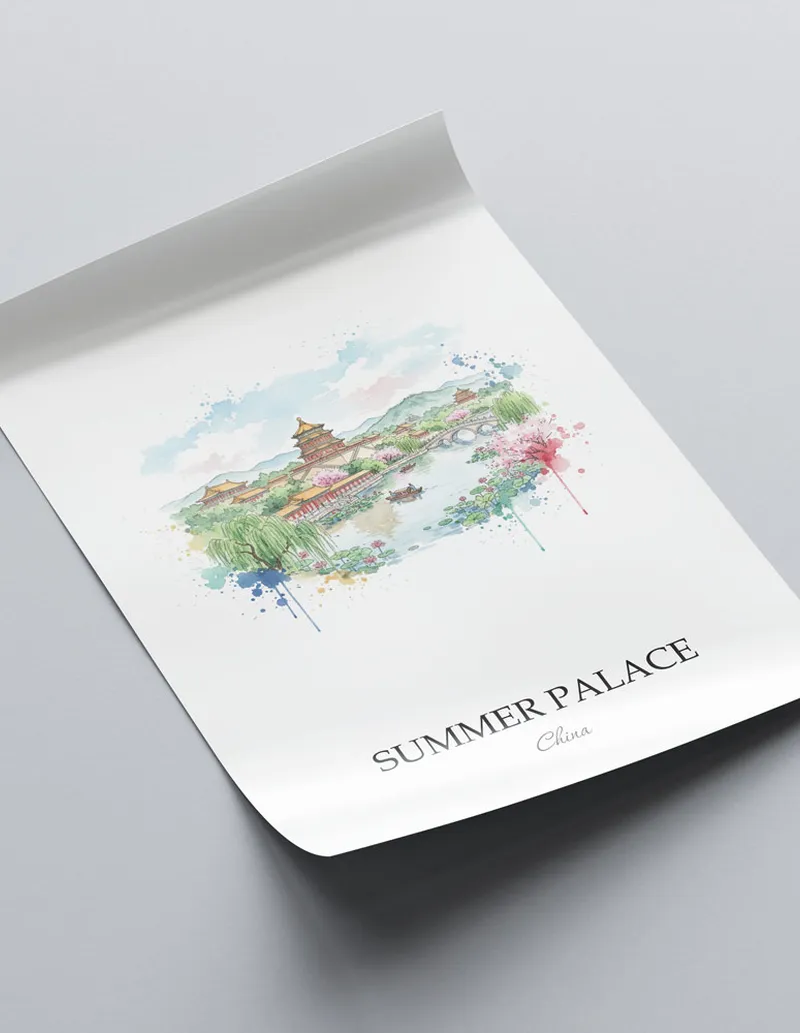 A clean and modern mockup showing a framed Summer Palace, China print on a minimalist background.