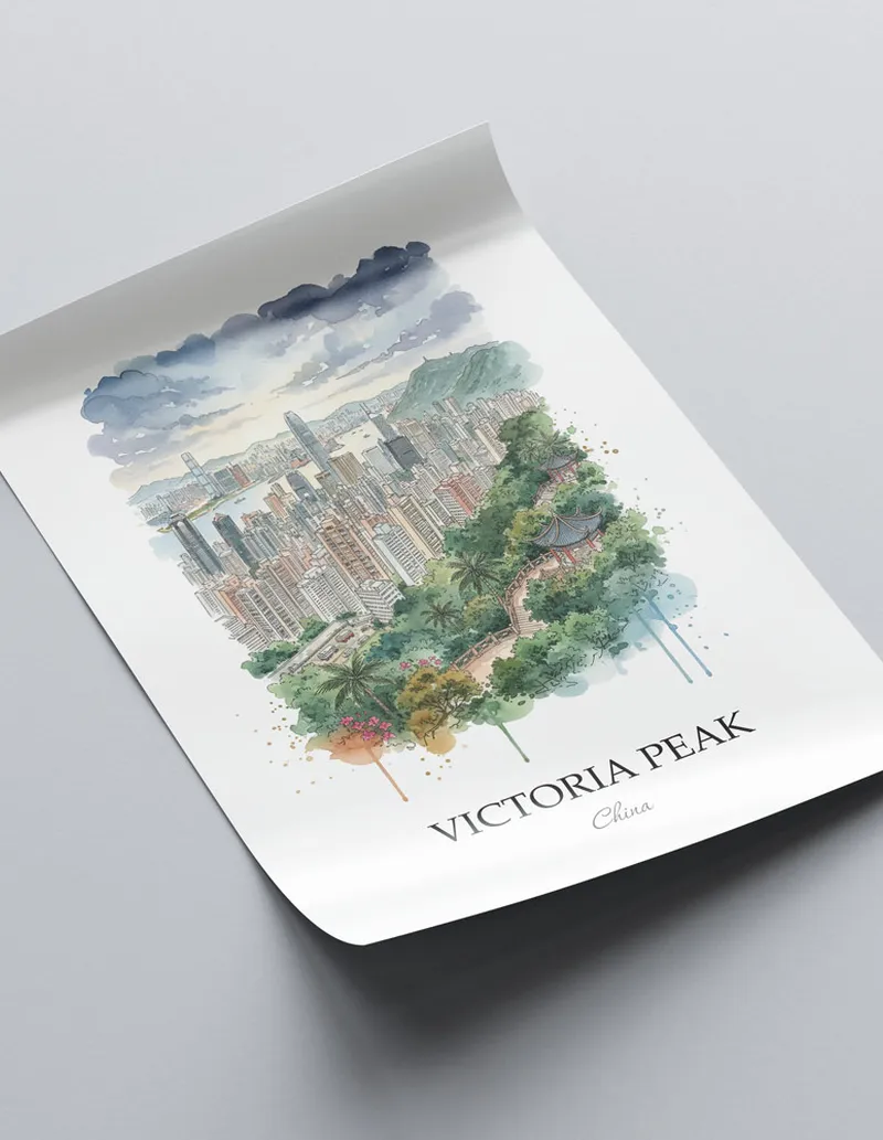 A clean and modern mockup showing a framed Victoria Peak, China print on a minimalist background.