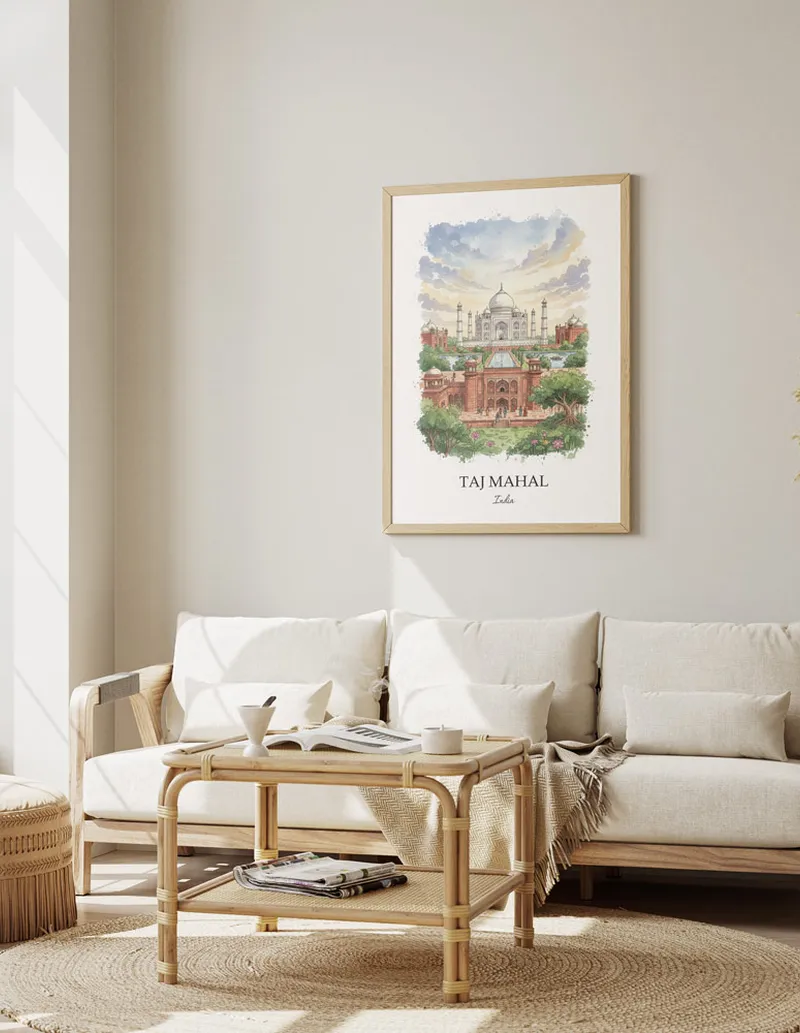 Minimalist poster of Taj Mahal in India in a light frame standing by a window in a boho style room.
