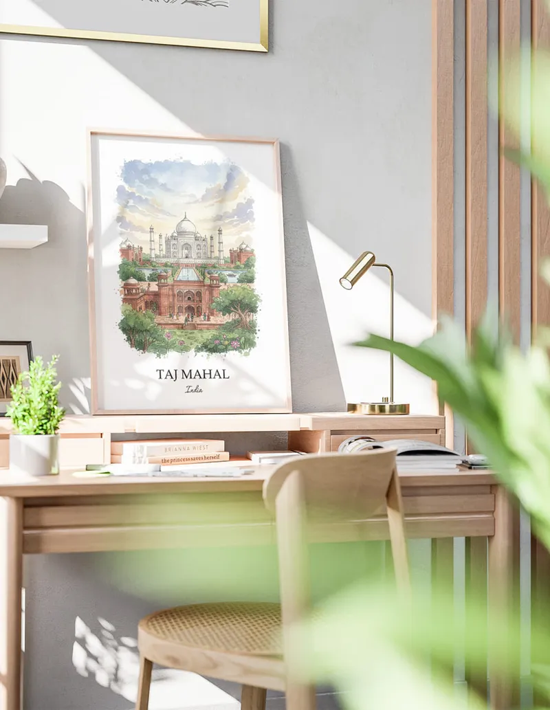 A gorgeous boho-inspired living space with a framed vintage travel poster of Taj Mahal in India on display.