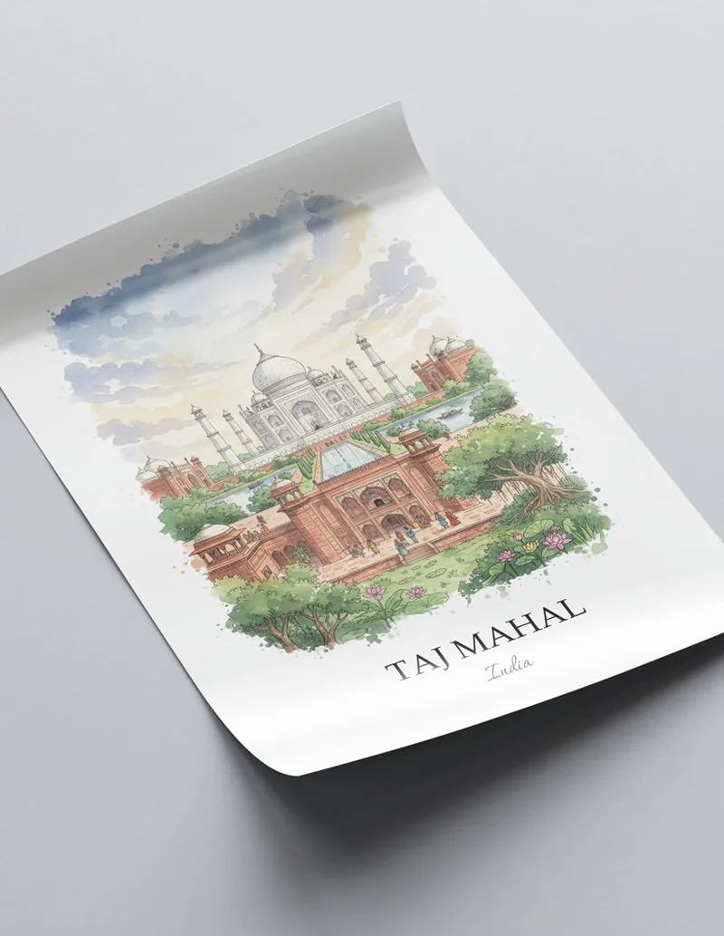 A clean and modern mockup showing a framed Taj Mahal, India print on a minimalist background.