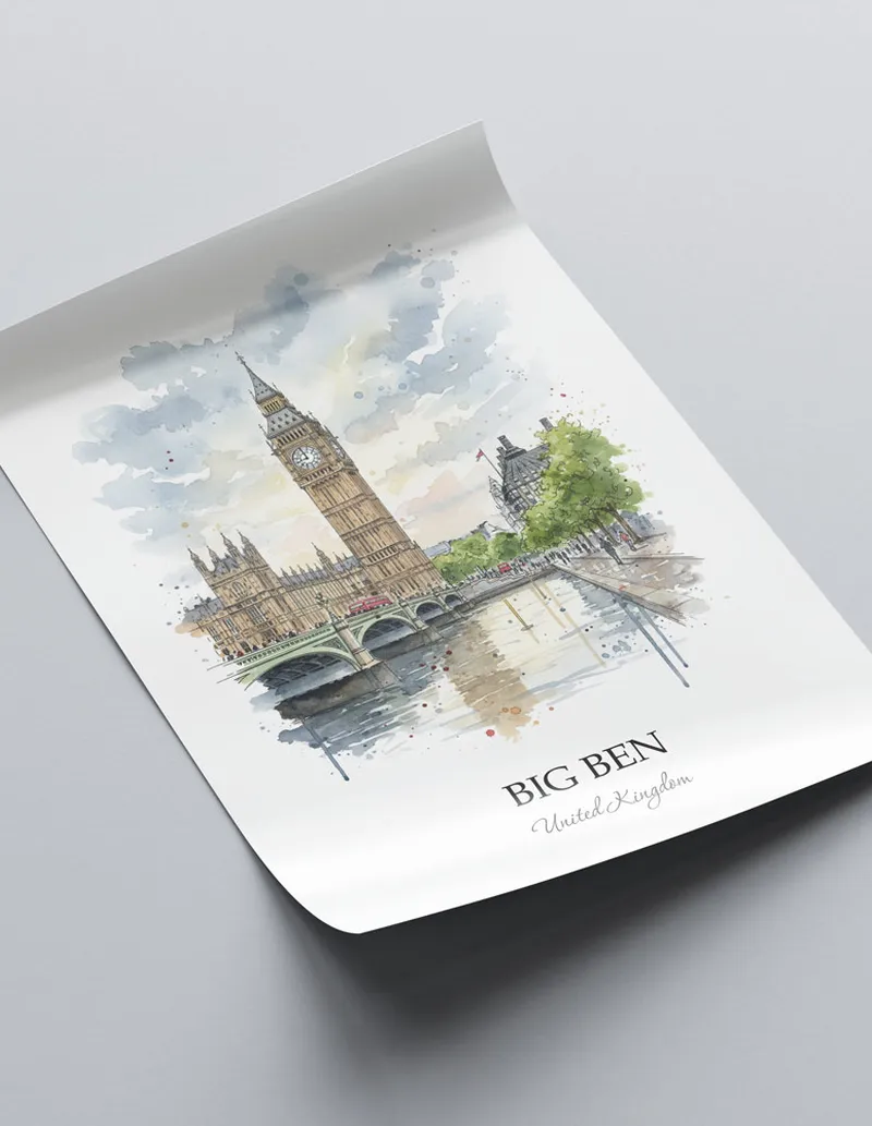A close-up of a high-quality paper print featuring the Big Ben in United Kingdom minimalist design.