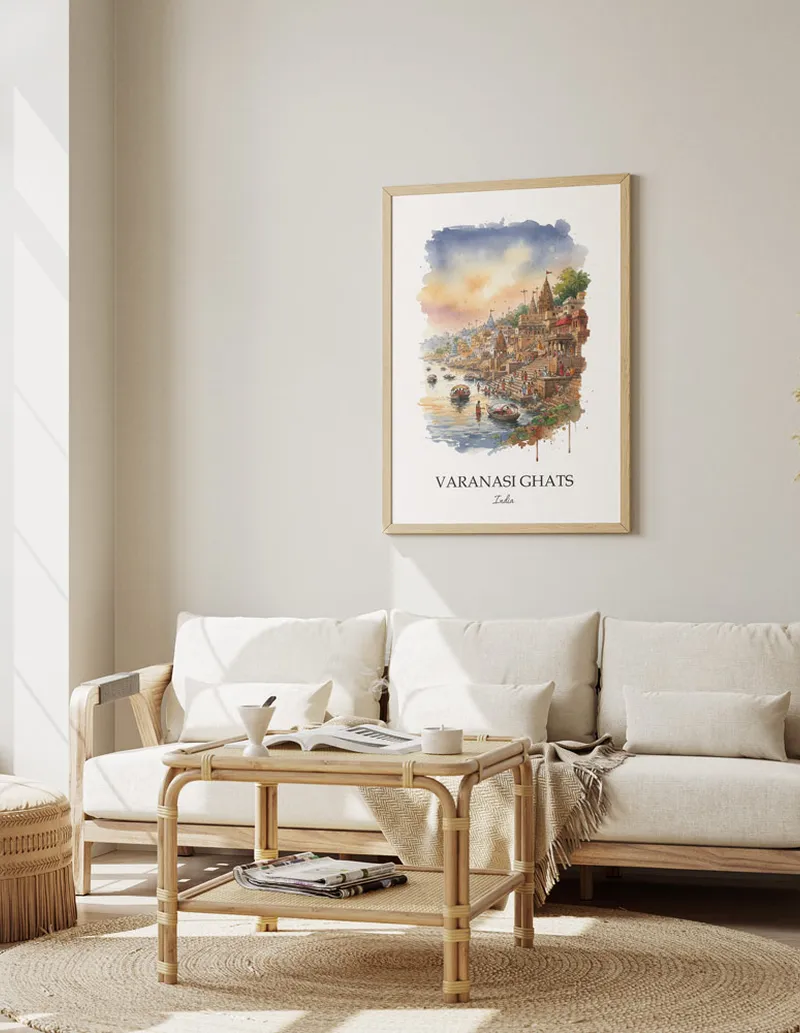 Minimalist poster of Varanasi Ghats in India in a light frame standing by a window in a boho style room.