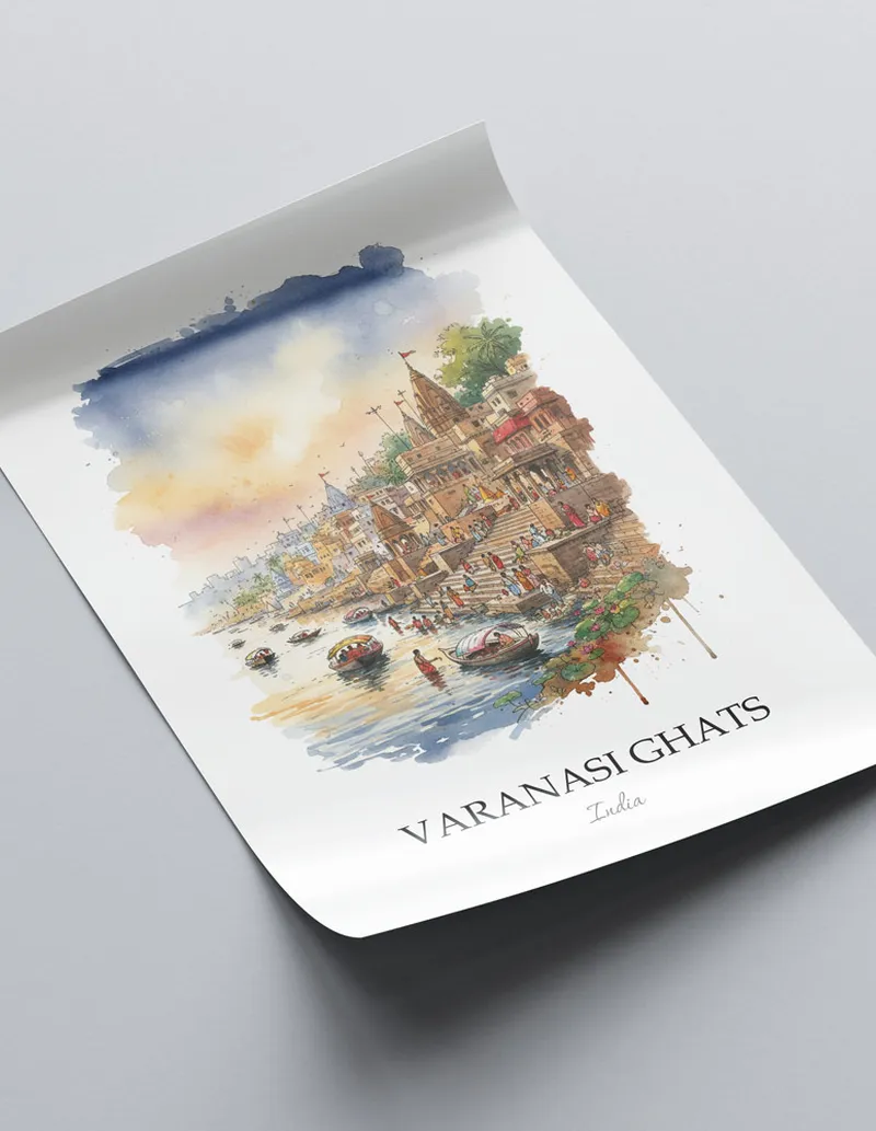 A clean and modern mockup showing a framed Varanasi Ghats, India print on a minimalist background.