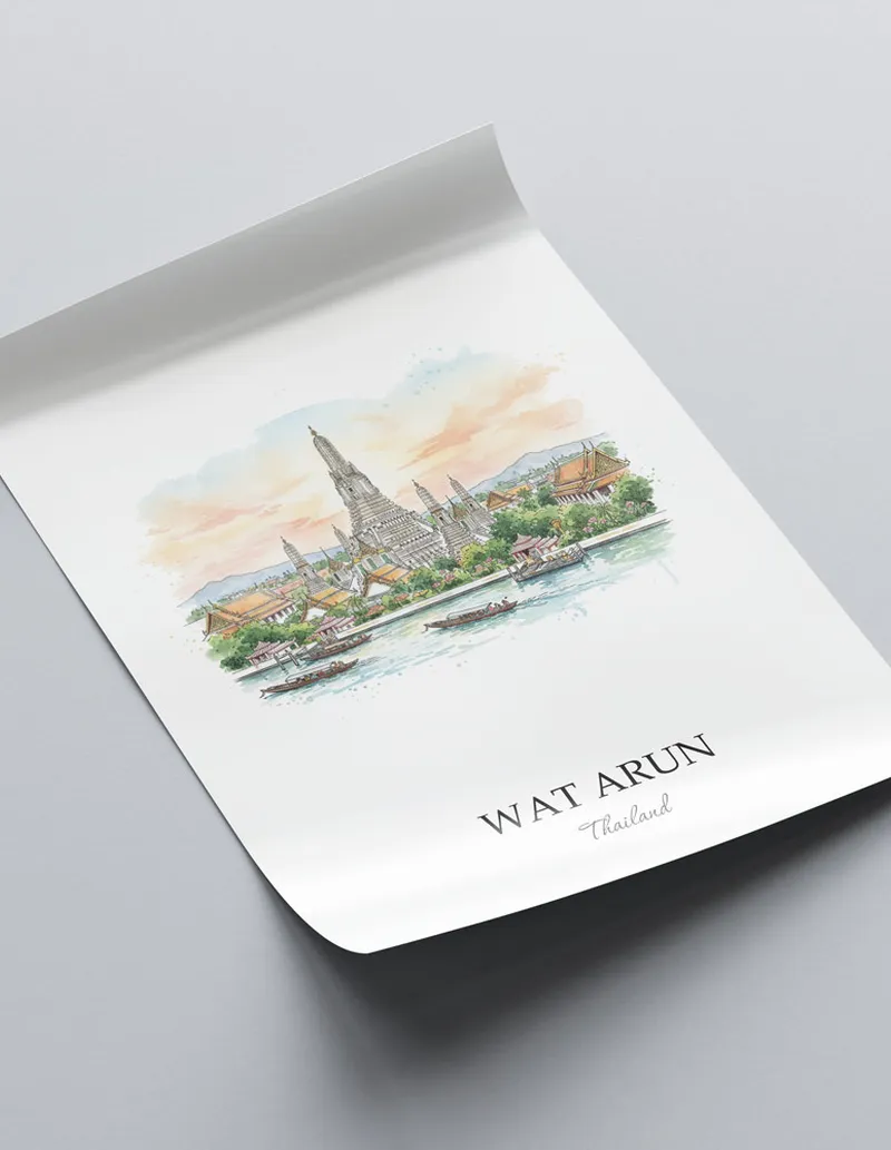 A clean and modern mockup showing a framed Wat Arun, Thailand print on a minimalist background.
