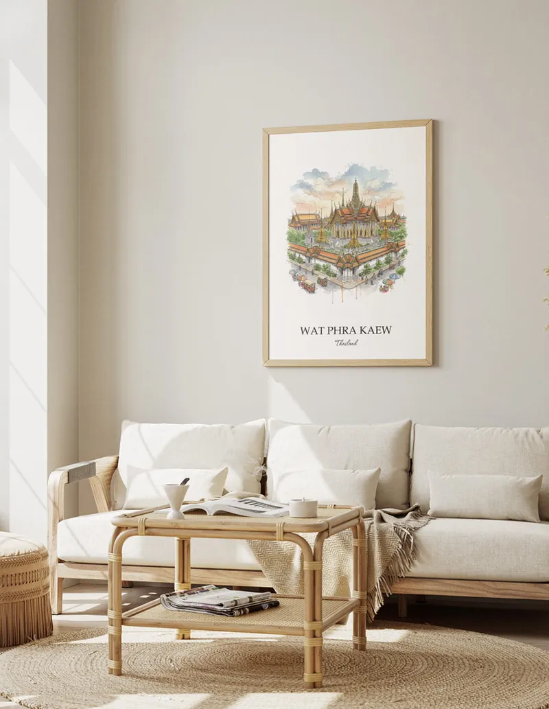 Minimalist poster of Wat Phra Kaew in Thailand in a light frame standing by a window in a boho style room.