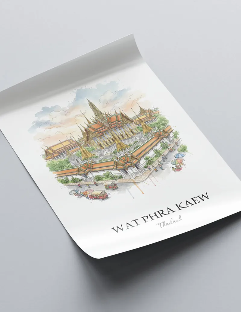 A clean and modern mockup showing a framed Wat Phra Kaew, Thailand print on a minimalist background.