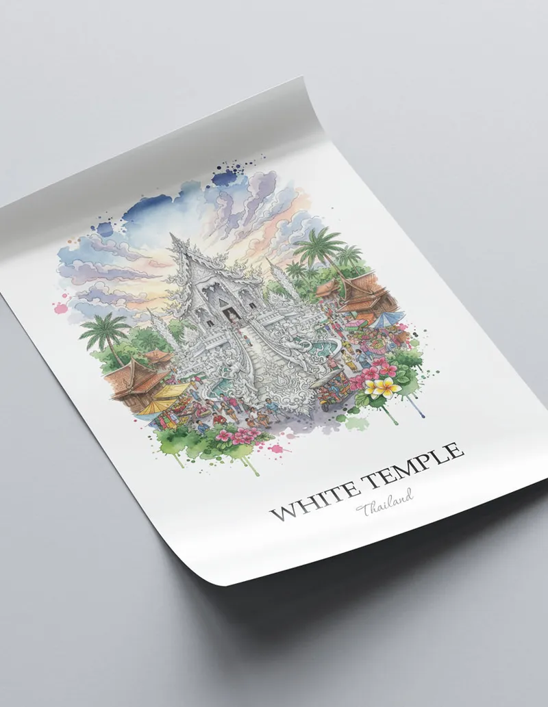 A clean and modern mockup showing a framed White Temple, Thailand print on a minimalist background.