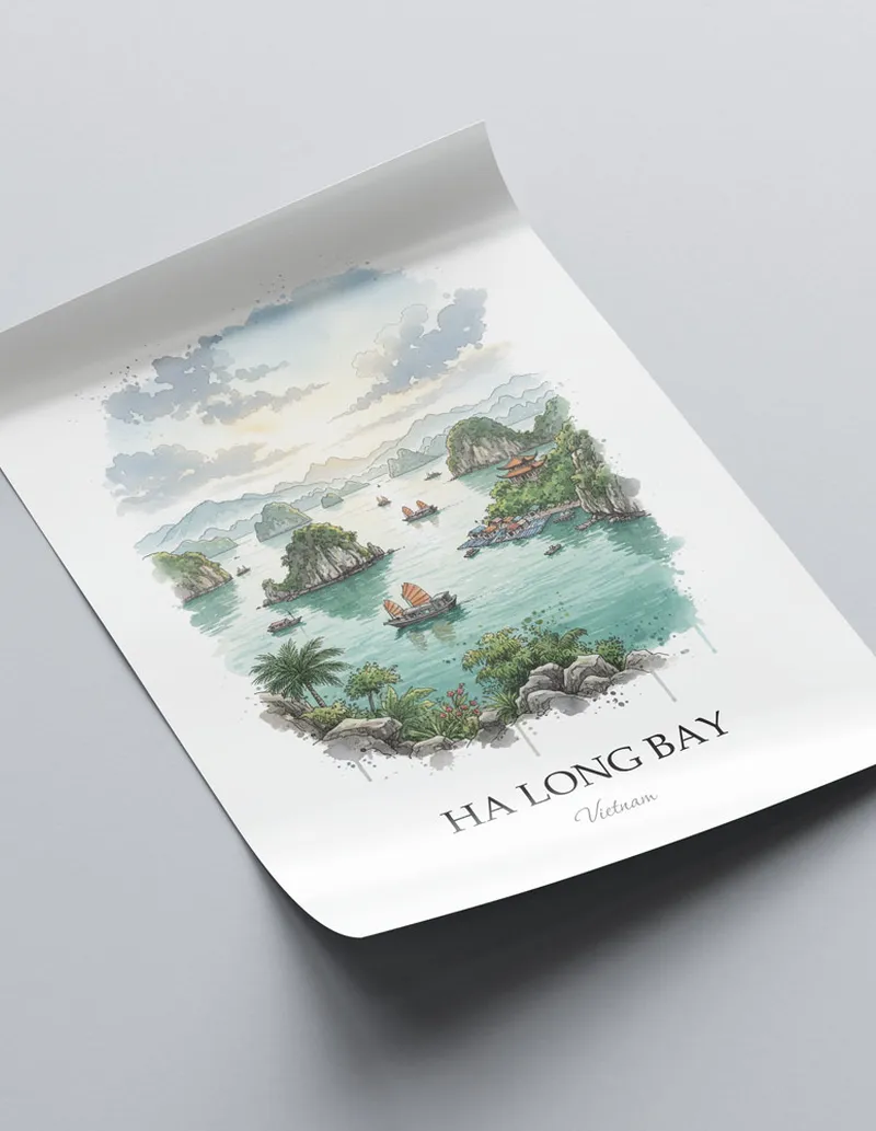 A clean and modern mockup showing a framed Ha Long Bay, Vietnam print on a minimalist background.