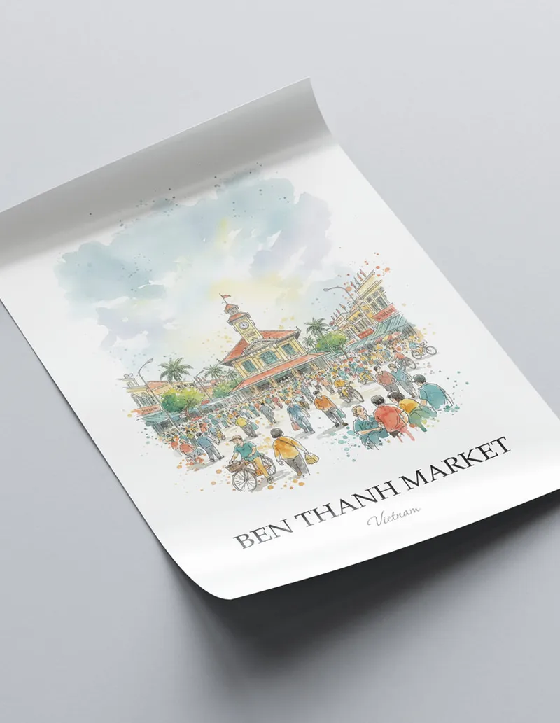 A clean and modern mockup showing a framed Ben Thanh Market, Vietnam print on a minimalist background.