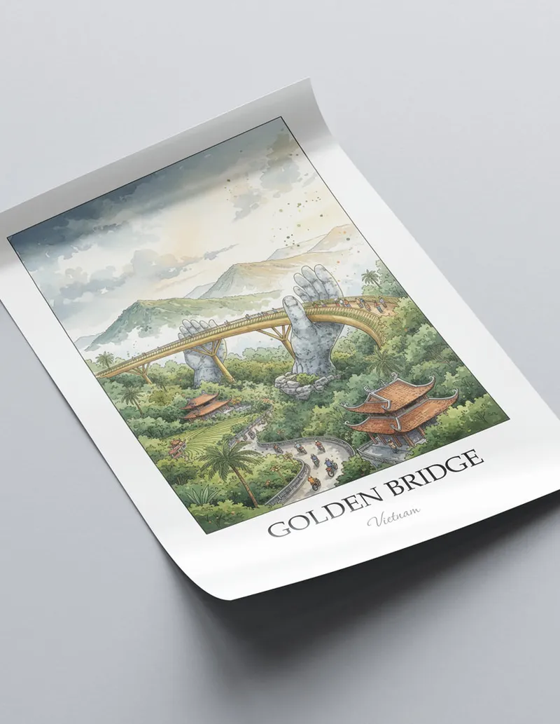 A clean and modern mockup showing a framed Golden Bridge, Vietnam print on a minimalist background.