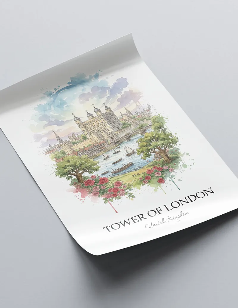 A close-up of a high-quality paper print featuring the Tower of London in United Kingdom minimalist design.