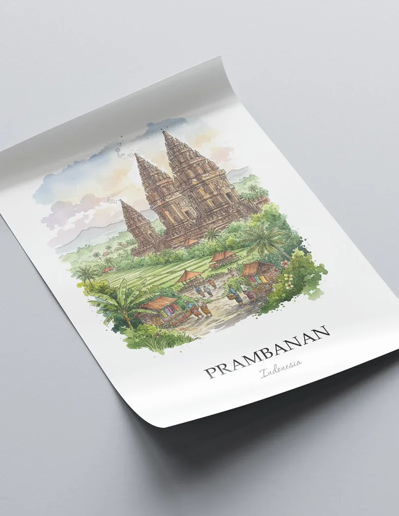 A clean and modern mockup showing a framed Prambanan, Indonesia print on a minimalist background.