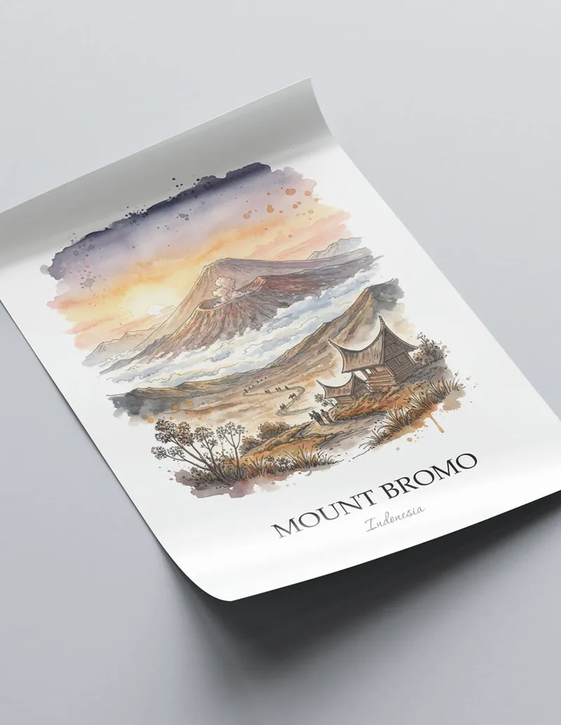 A clean and modern mockup showing a framed Mount Bromo, Indonesia print on a minimalist background.