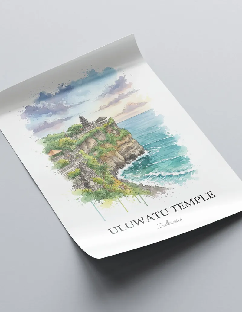 A clean and modern mockup showing a framed Uluwatu Temple, Indonesia print on a minimalist background.