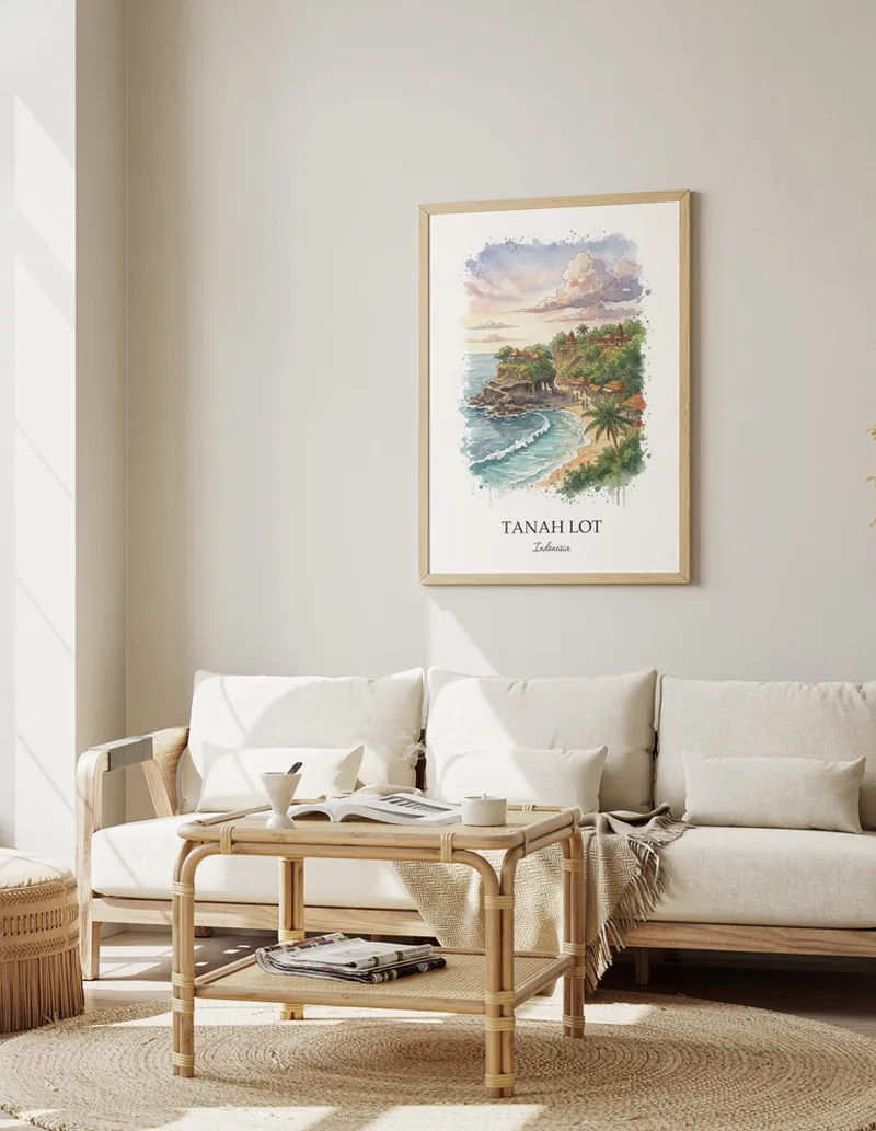 Minimalist poster of Tanah Lot in Indonesia in a light frame standing by a window in a boho style room.