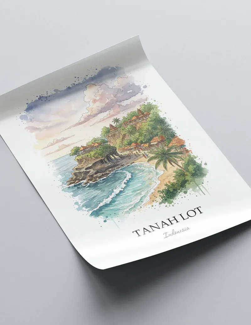 A clean and modern mockup showing a framed Tanah Lot, Indonesia print on a minimalist background.