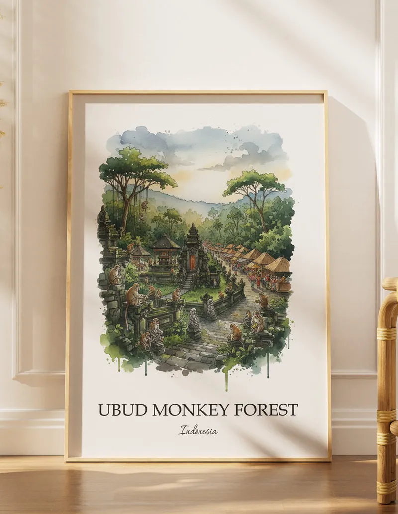 A close-up of a high-quality paper print featuring the Ubud Monkey Forest in Indonesia minimalist design.