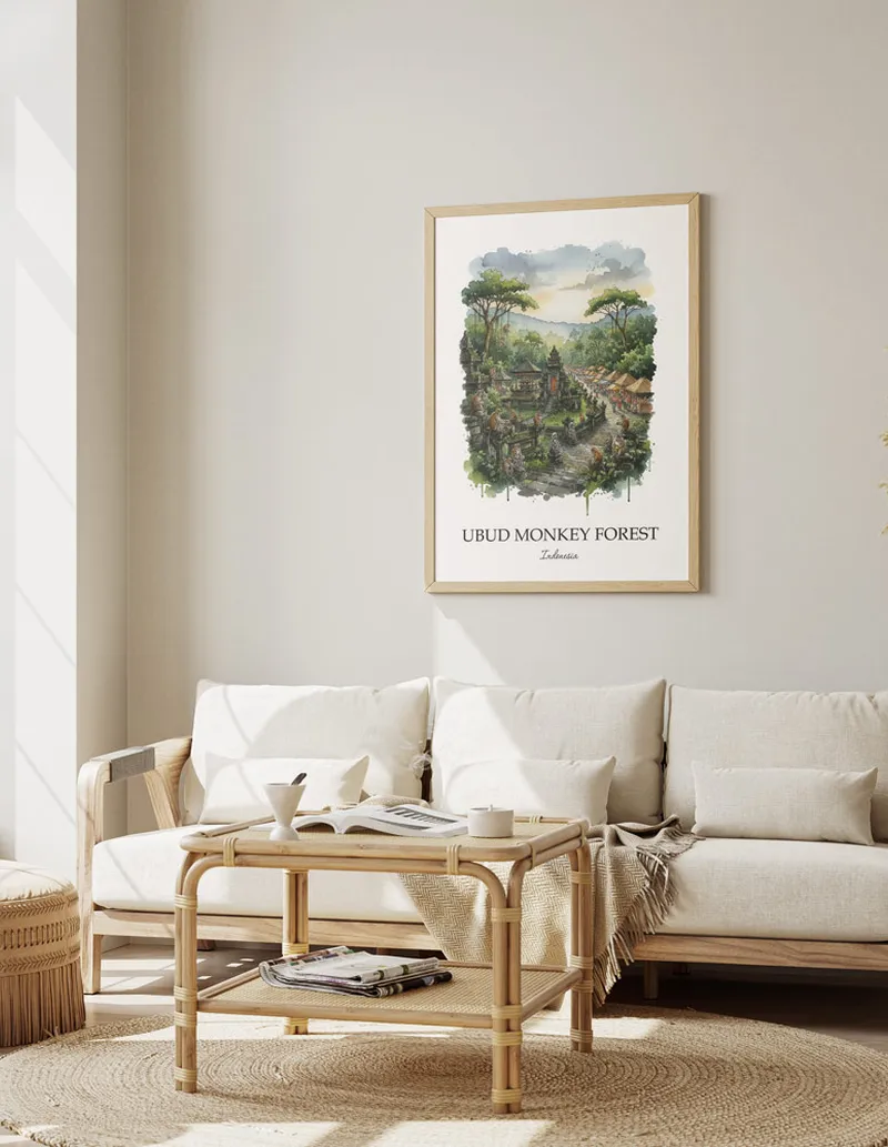 Minimalist poster of Ubud Monkey Forest in Indonesia in a light frame standing by a window in a boho style room.