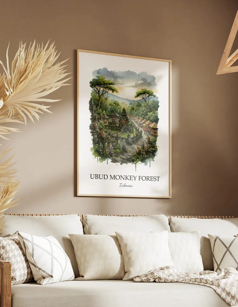 Framed wall art featuring Ubud Monkey Forest, Indonesia in a light wood frame hanging above a sofa in a modern living room.