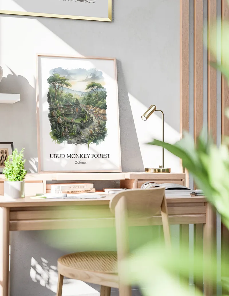 A gorgeous boho-inspired living space with a framed vintage travel poster of Ubud Monkey Forest in Indonesia on display.