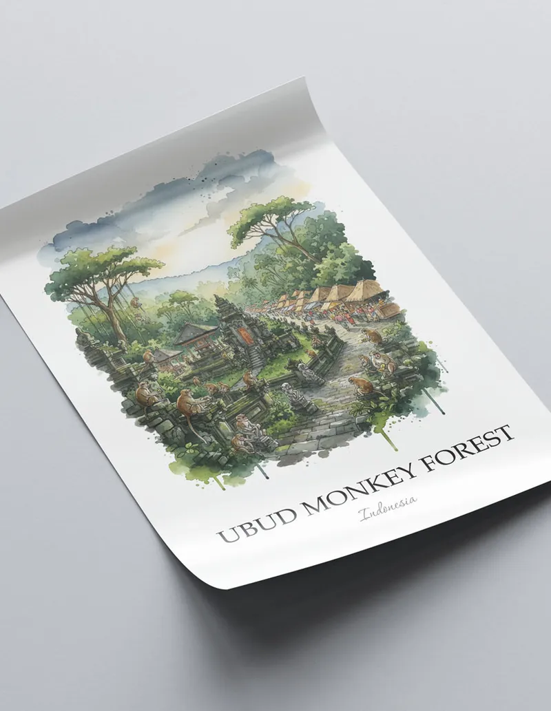 A clean and modern mockup showing a framed Ubud Monkey Forest, Indonesia print on a minimalist background.