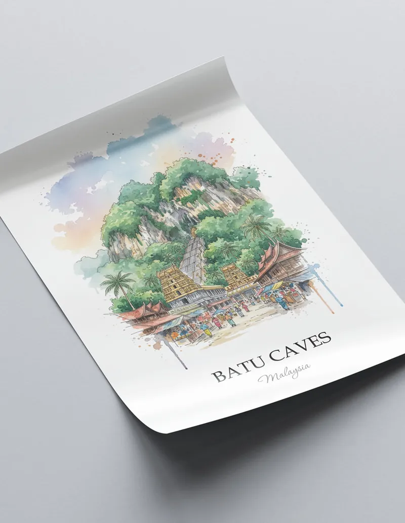 A clean and modern mockup showing a framed Batu Caves, Malaysia print on a minimalist background.