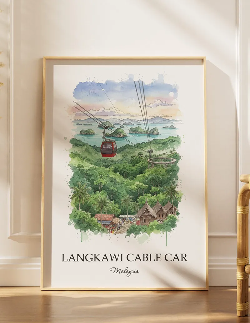 A close-up of a high-quality paper print featuring the Langkawi Cable Car in Malaysia minimalist design.