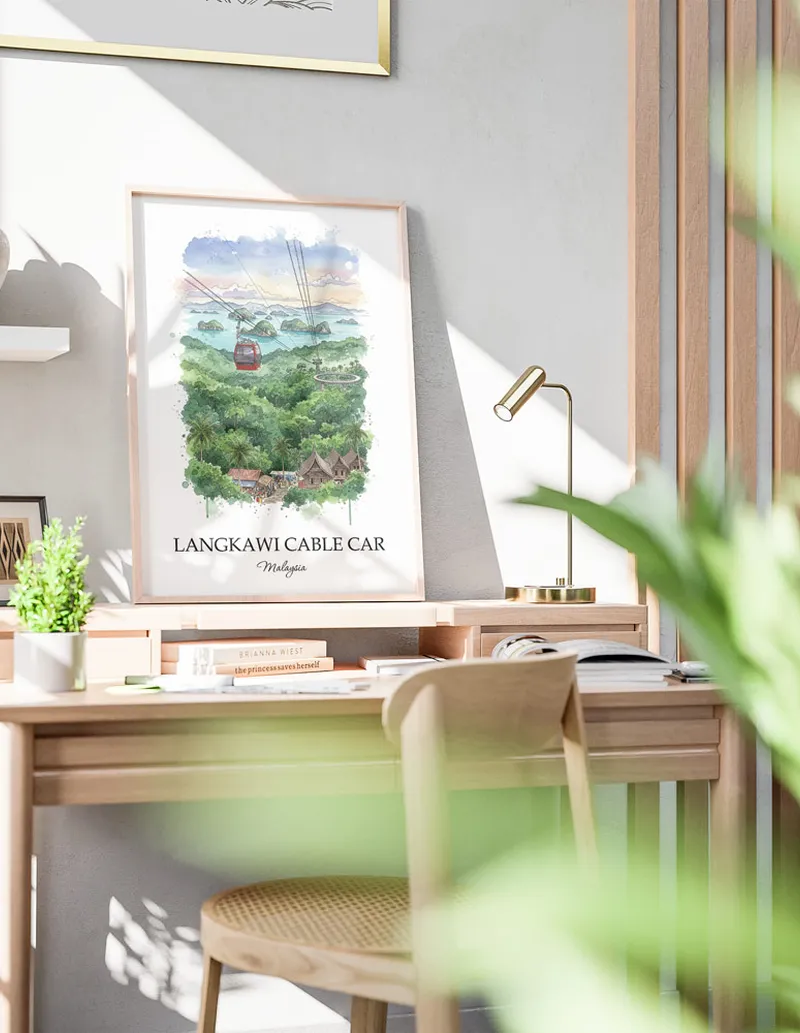 A gorgeous boho-inspired living space with a framed vintage travel poster of Langkawi Cable Car in Malaysia on display.